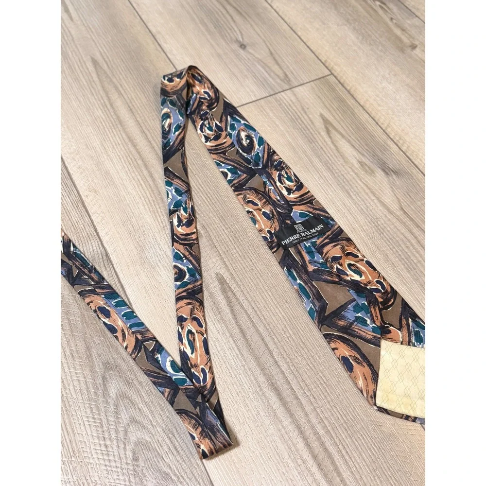 Vintage Pierre Balmain Silk Tie Brown Blue Geometric Abstract 60s Italian Silk